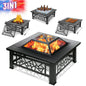 32" Fire Pits for Outside, SYNGAR Wood Burning Bonfire Fire Pit Table with Mesh Lid, Grate, BBQ Grill and Poker, Outdoor Metal Square Fire Pit for BBQ, Camping, Picnics, Backyard