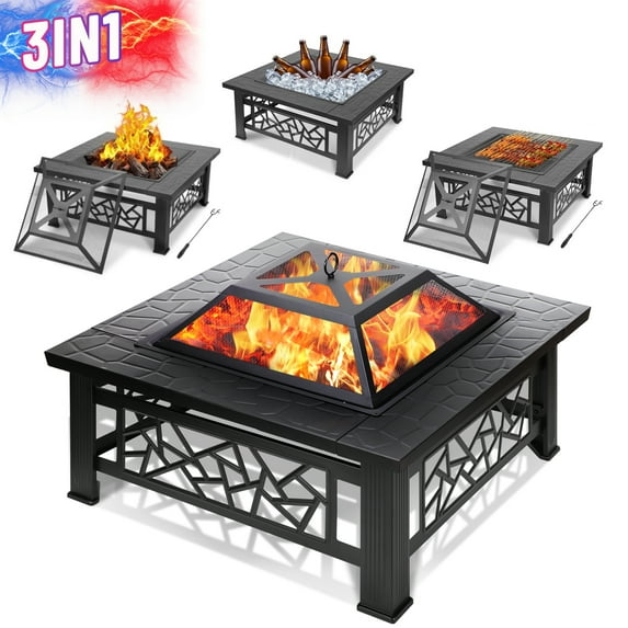 32" Fire Pits for Outside, SYNGAR Wood Burning Bonfire Fire Pit Table with Mesh Lid, Grate, BBQ Grill and Poker, Outdoor Metal Square Fire Pit for BBQ, Camping, Picnics, Backyard