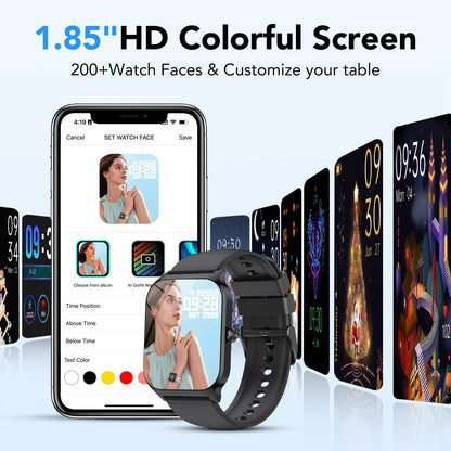 New Smart Watch Fits for Android and IPhone, 1.85 inch Fitness Tracker, Men Women's Smartwatch with Answer/Make Calls/Message Reminder/112+ Sports Modes, IP68 Waterproof, for Gift Black