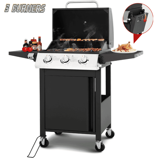 30000 BTU Gas Grill with 4 Universal Wheels, 3 Burners Outdoor BBQ Grill with Steel Brush & Thermometer for Outdoor Camping