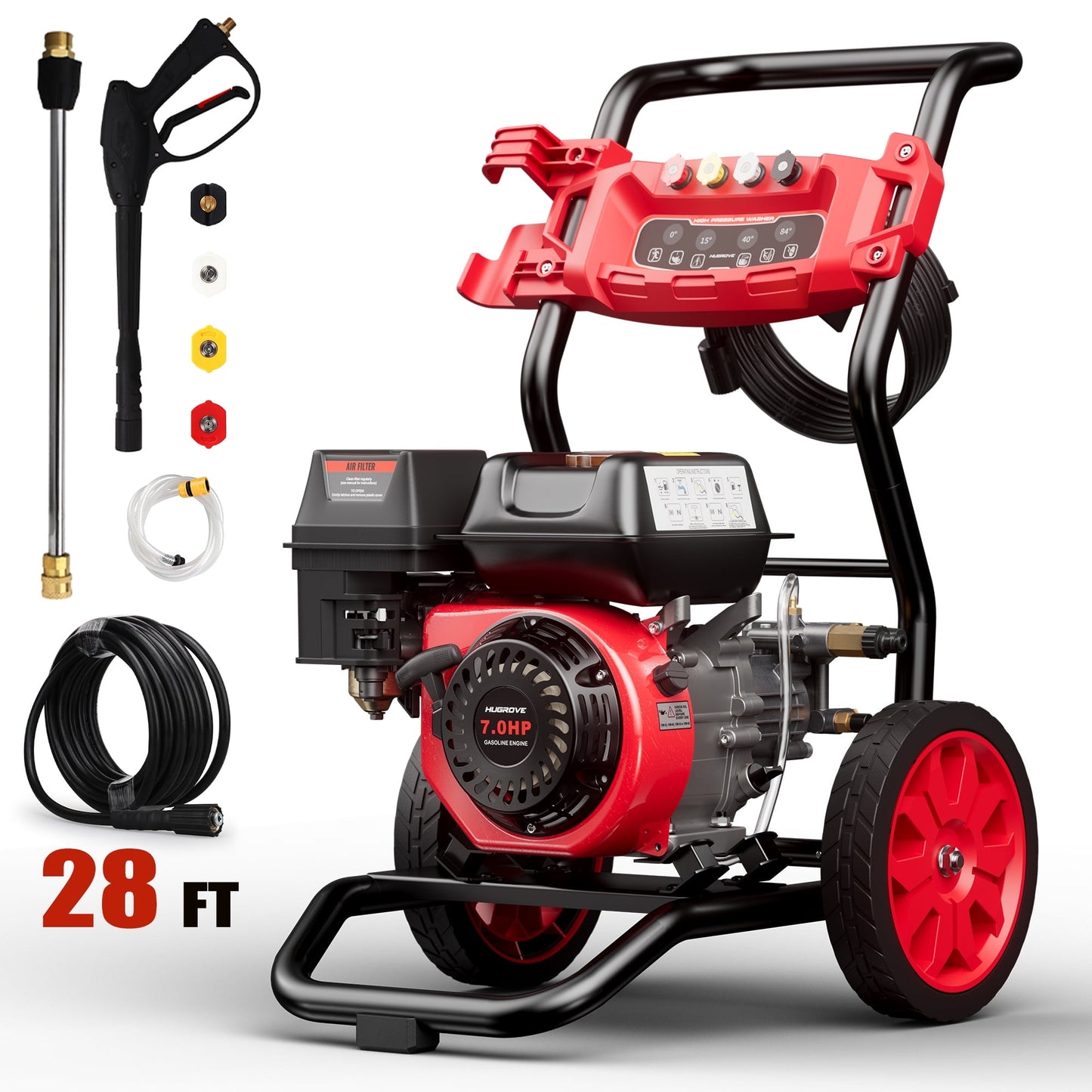 3500PSI Pressure Washer with 4 Nozzle, Portable Gas Pressure Washer for Patios, Cars, Fences, Driveways, 2.6GPM High-Power Washer with 28' High-Pressure Hose, Red & Black