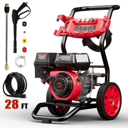 3500PSI Pressure Washer with 4 Nozzle, Portable Gas Pressure Washer for Patios, Cars, Fences, Driveways, 2.6GPM High-Power Washer with 28' High-Pressure Hose, Red & Black