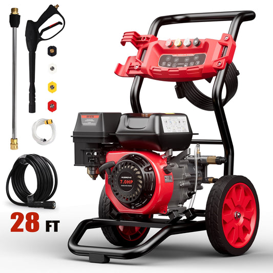 3500PSI Pressure Washer with 4 Nozzle, Portable Gas Pressure Washer for Patios, Cars, Fences, Driveways, 2.6GPM High-Power Washer with 28' High-Pressure Hose, Red & Black