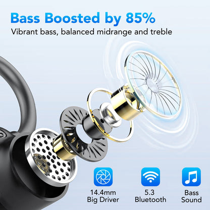 Wireless Earbuds 64hrs Bluetooth Headphone Sport, Bluetooth Earbuds Stereo Deep Bass Over Ear Bud with Earhooks, LED Display, ENC Noise Cancelling Mic, Earphones for Workout/Running, Black