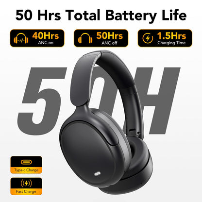 Hybrid Active Noise Cancelling -45dB, Bluetooth Headphones 5.4, 50H Playtime Earbuds, Clear Call with 4 Mics, Bass Boosted by 90%, Comfort Fit Over Ear Headphones for Travel Home Office PC Black