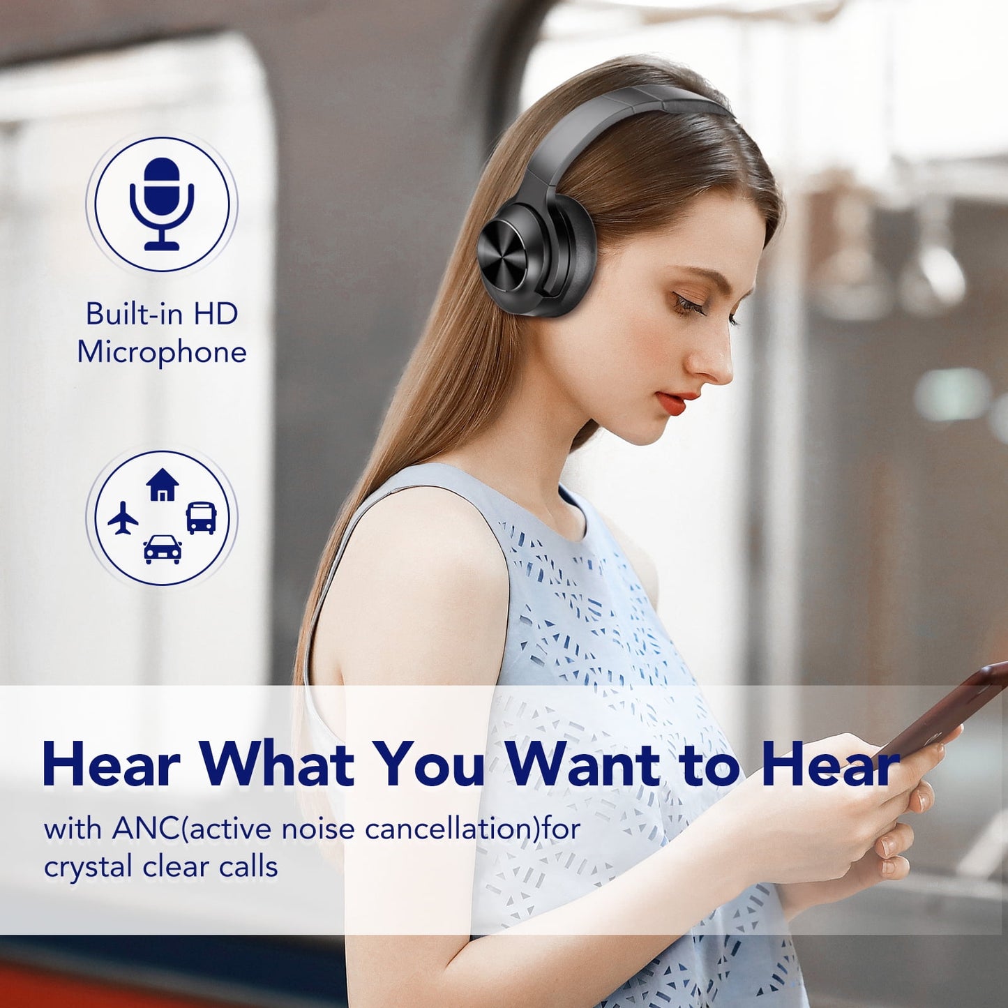 Tikland Noise Cancelling Headphones Wireless Bluetooth over Ear 65 Hrs Playtime Wireless Headphones with Microphone Lightweight Headset with Deep Bass Stereo Sound Compatible for iPhone Android