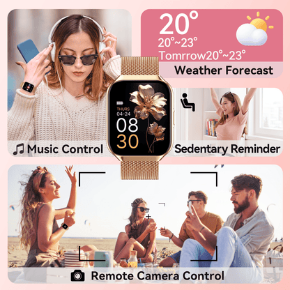 Tikland Smart Watch for Women 1.96'' Fitness Tracker Gold Smart Watches for Women Digital Watches 120 Sports Mode Make/Answer Call Waterproof Running Smartwatch Fits for Android iPhone 2 Straps
