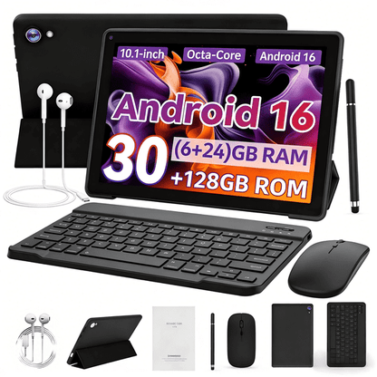 Gstrlinen  Gemini AI 10 Inch Tablet with Keyboard set, 30GB+128GB, Android 16 Octa-Core & Split Screen, Wi-Fi 6, Dual Cameras, 5000mAh, Black