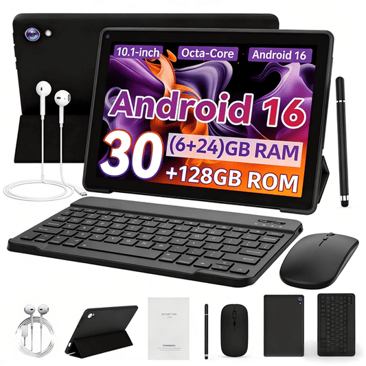 Gstrlinen  Gemini AI 10 Inch Tablet with Keyboard set, 30GB+128GB, Android 16 Octa-Core & Split Screen, Wi-Fi 6, Dual Cameras, 5000mAh, Black