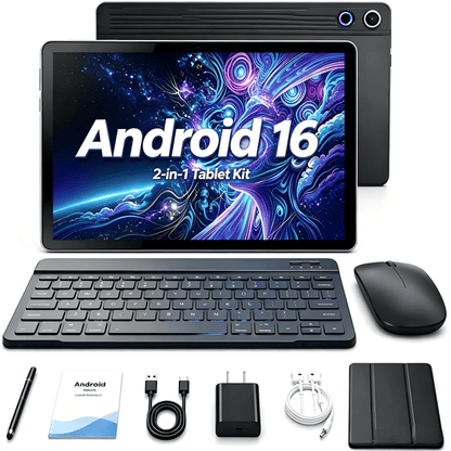 Gstrlinen  Android 16 10.1 Inch 2-in-1 Tablet Bundle, 20GB + 64GB (1TB Expandable) with Keyboard, Mouse, Stylus & Case, Black