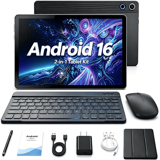 Gstrlinen  Android 16 10.1 Inch 2-in-1 Tablet Bundle, 20GB + 64GB (1TB Expandable) with Keyboard, Mouse, Stylus & Case, Black