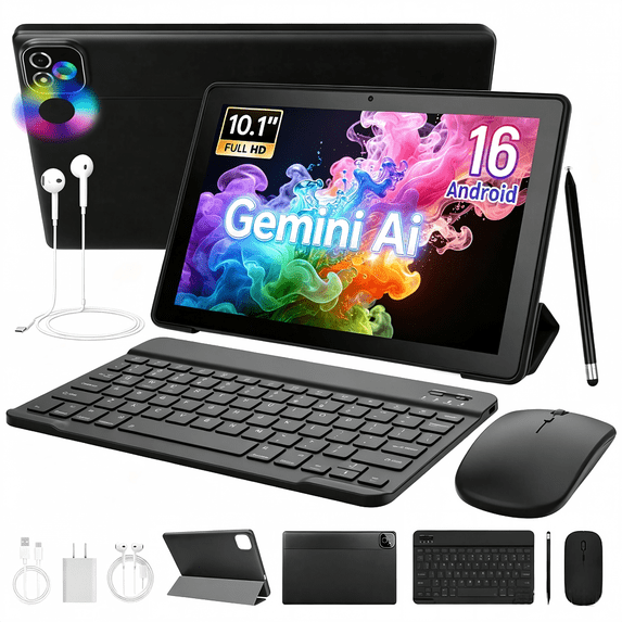 Gstrlinen  10 Inch Gemini AI Tablet with Keyboard, 36GB+256GB, 6000mAh, WiFi 6, Dual Speaker Camera, Black