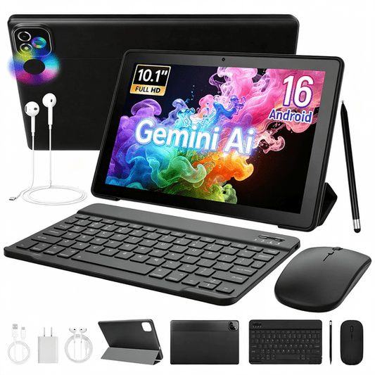 Gstrlinen  10 Inch Gemini AI Tablet with Keyboard, 36GB+256GB, 6000mAh, WiFi 6, Dual Speaker Camera, Black
