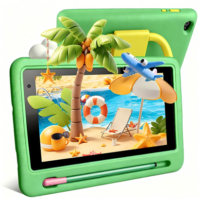 Gstrlinen  7 Inch Kids Tablet with Case for Toddler, 24GB RAM+128GB ROM, IPS HD Screen, Ukidoz Pre-install, Green