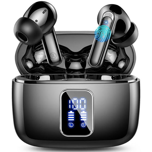 FAMOO Wireless Earbuds, Bluetooth Ear Buds Headphones, 48 Hours of Long Playing Dual LED Display, Stereo Deep Bass, IPX7 Waterproof, in Ear Earphone with Mic for iPhone Android Phone, Black