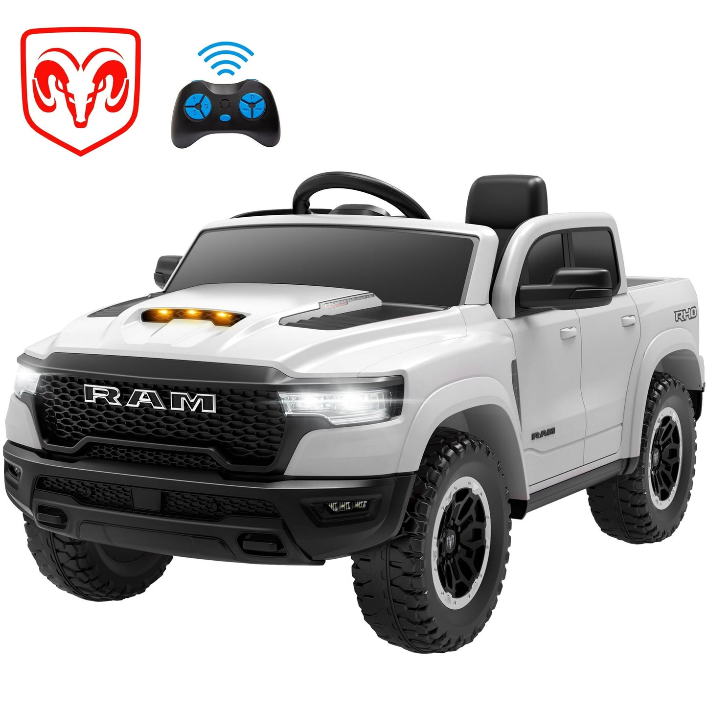 RAM 1500 Ride on Truck Cars, 12V Powered Ride on Toys with Remote Control, 4 Wheel Suspension Electric Cars for 3-5 Yrs Boy Girl W/Key Switch, Safety Belt, Music, Bluetooth, LED Lights, White