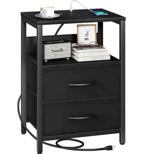 EZKAMFORT Night Stand Set 2 for Bedroom, Side Table with Charging Station, Black End Tables with Usb Ports and AC Outlets