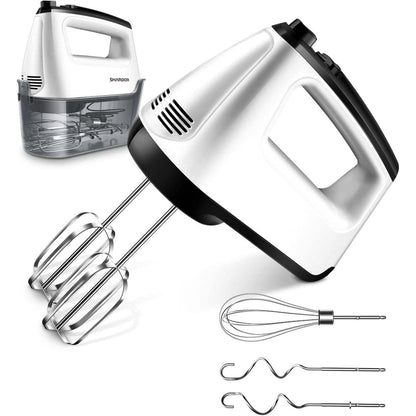 Hand Mixer Electric, 6-Speed Electric Hand Mixer with Whisk, Snap-On Storage Case,5 Stainless Steel Accessories, Kitchen Blender with Cord, White