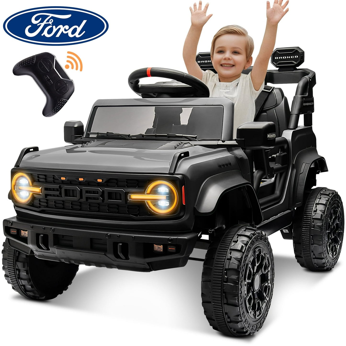 12V Powered Ride on Toys Truck, Ford Bronco Raptor Ride on Truck Car with Remote Control, Electric Car for Kids 3-5 Years Old w/ LED & Bluetooth, Spring Suspension, Gifts for Boys & Girls, Black