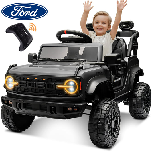 12V Powered Ride on Toys Truck, Ford Bronco Raptor Ride on Truck Car with Remote Control, Electric Car for Kids 3-5 Years Old w/ LED & Bluetooth, Spring Suspension, Gifts for Boys & Girls, Black