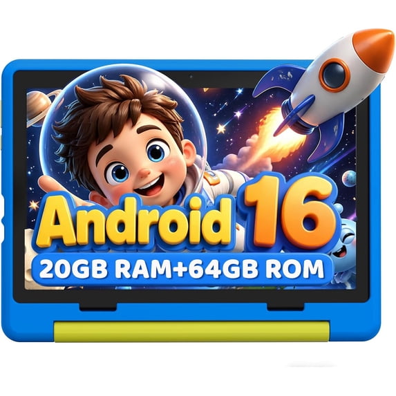 Gstrlinen  Kids Tablet 10-Inch Android 16 for Ages 3-12, 5-Core 20GB+64GB (1TB Expandable), Parental Control, Pre-Installed KIDOZ & Shockproof Case (Blue)