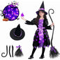 Gstrlinen Halloween Girls Witch Costume, Toddler Witch Dress Light Up Set with Hat and Broom, Kids Costumes for Halloween Party