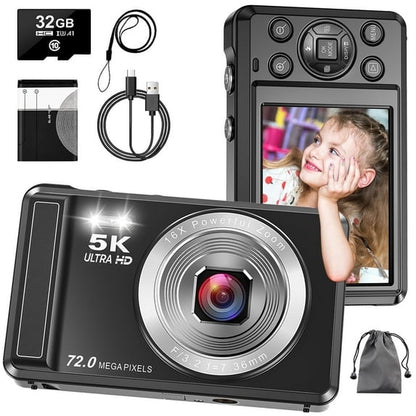 MARVUE Digital Camera 5K UHD 72MP Vlogging Camera, Autofocus Compact Camera with 16X Digital Zoom, Point and Shoot Digital Camera - Black