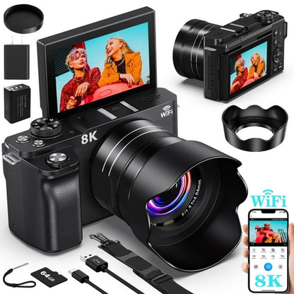 MARVUE 8K Digital Cameras for Photography WiFi Autofocus 88MP 18X Zoom Vlogging Camera for Youtube with 3" 180° Flip Screen, 64GB Card