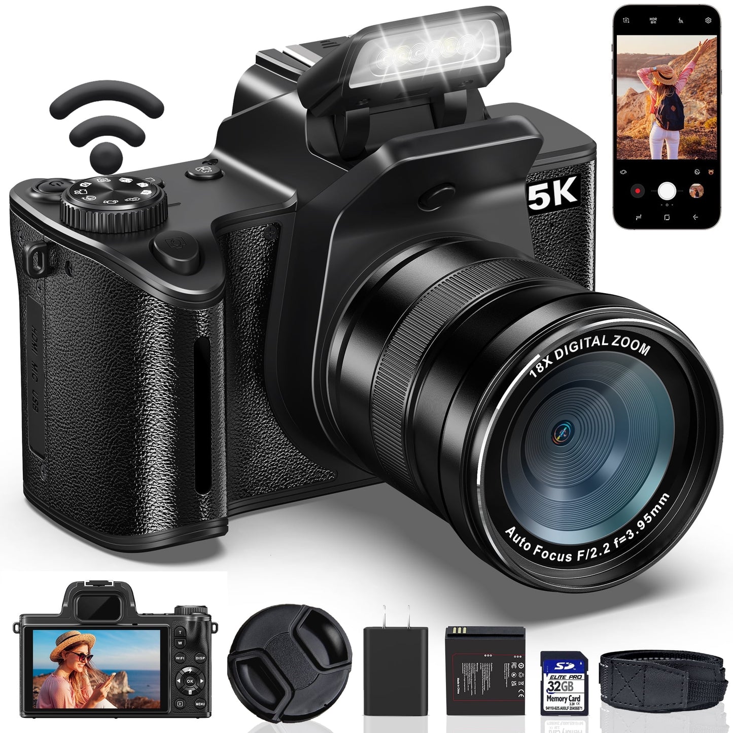 MARVUE Digital Camera with 5K UHD Video, 80MP, 18X Zoom, One-Touch Macro, 32GB SD Card