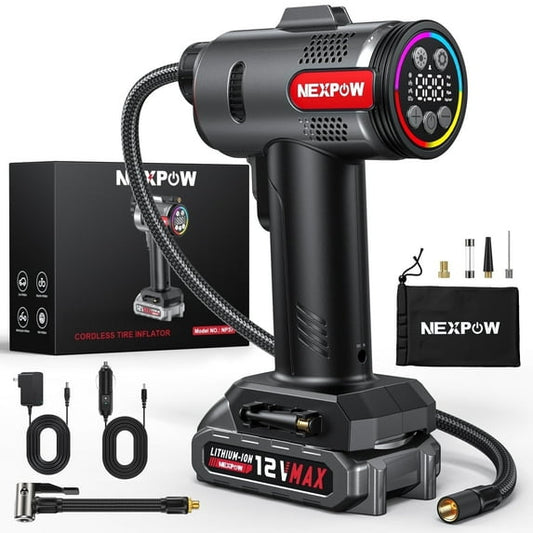 NEXPOW Tire Inflator Portable Air Compressor, 160PSI Cordless Car Tire Pump, Rechargeable Battery Powered Air Compressor w/12V DC Adapter, Digital Pressure Gauge