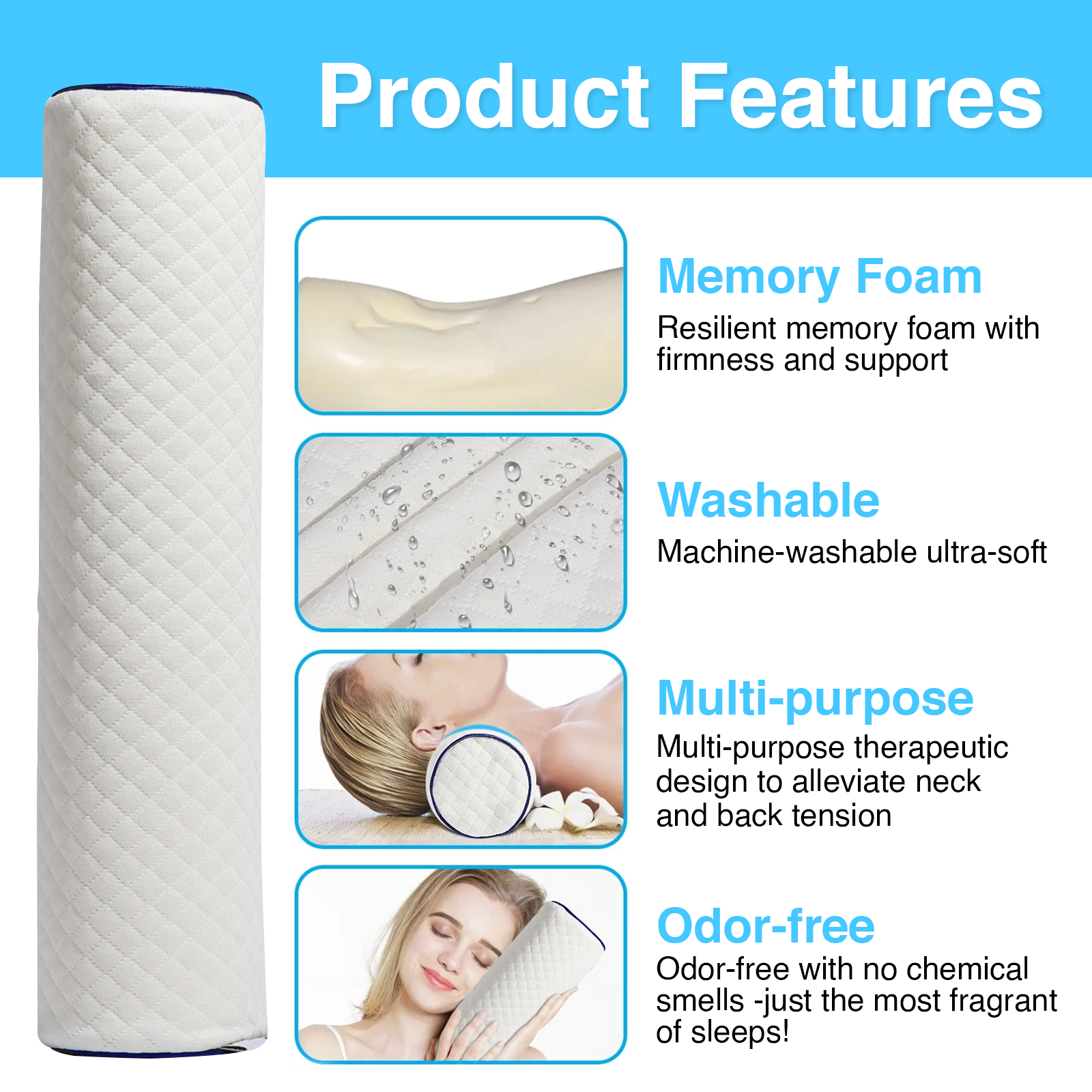 Neck Roll Pillow for Neck Relief – Extra Dense Memory Foam Round Cylinder Bolster for Cervical Support