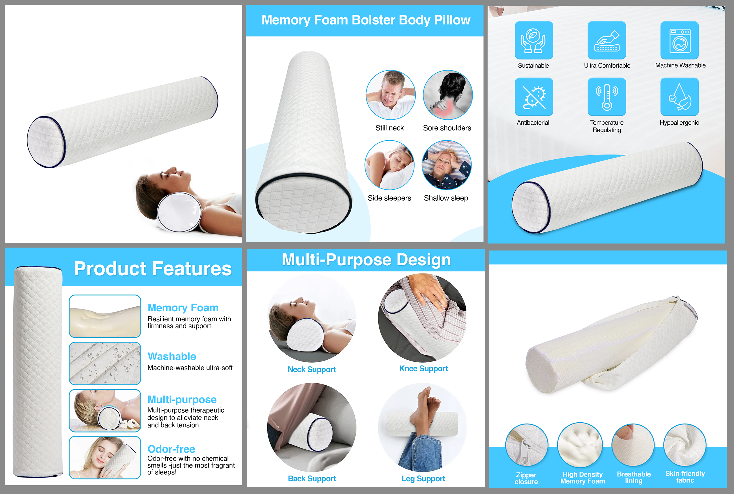 Neck Roll Pillow for Neck Relief – Extra Dense Memory Foam Round Cylinder Bolster for Cervical Support
