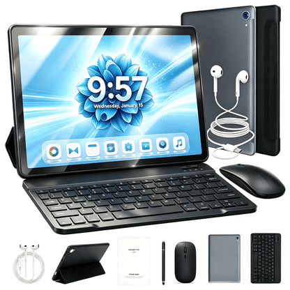 Gstrlinen 10 Inch Android 15 Tablet Set, 24GB RAM 128GB ROM, WiFi 6, Keyboard & Mouse Bundle for Student Office,Gray