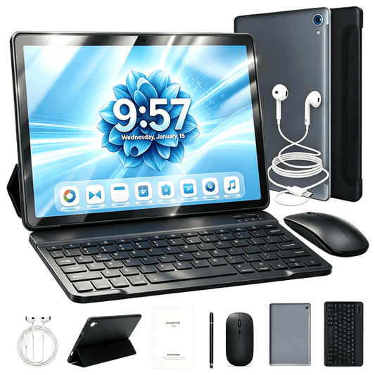 Gstrlinen 10 Inch Android 15 Tablet Set, 24GB RAM 128GB ROM, WiFi 6, Keyboard & Mouse Bundle for Student Office,Gray