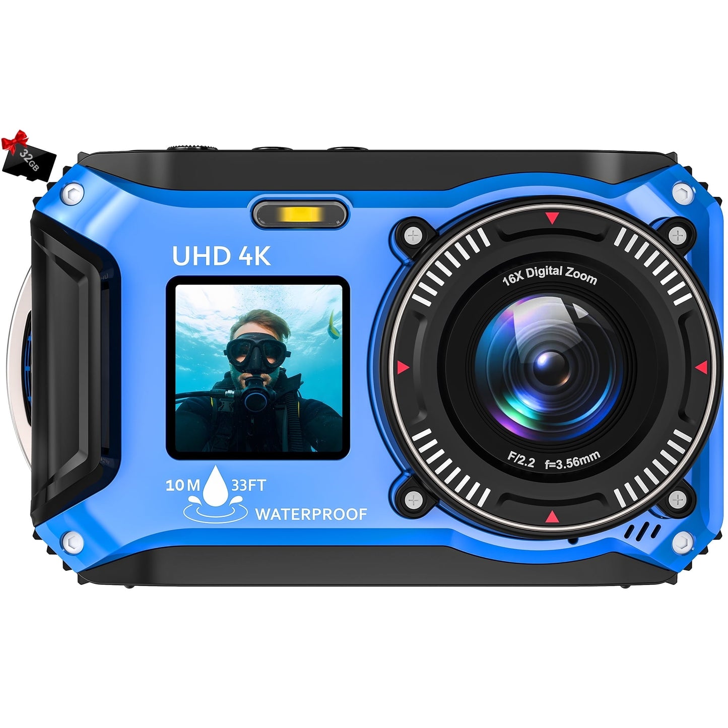 SEREE 4K 64MP 33FT UHD Underwater Camera for Snorkeling Dual-Screen Compact Waterproof Dustproof Floatable Autofocus Camera with 32GB Card Blue