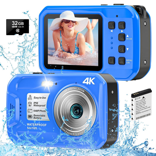 SEREE Waterproof Camera 4K UHD 64MP 16X Digital Zoom Compact Digital Underwater Camera with 32GB Card
