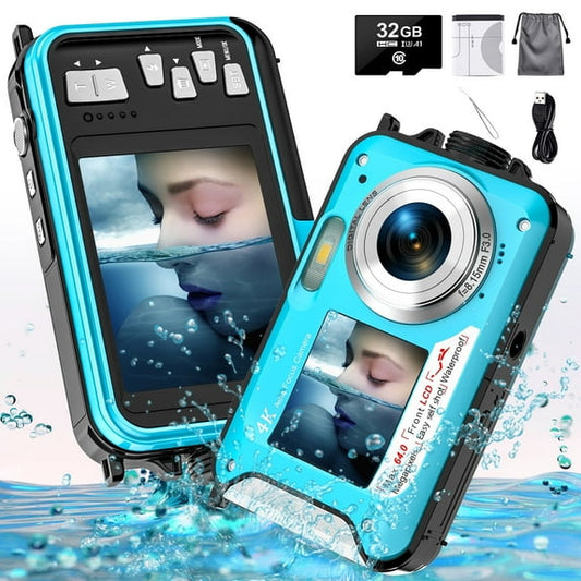 SEREE Waterproof Camera for Youtube 4K Digital Camera FHD 64MP Dual Screens Outdoor Underwater Cameras for Snorkeling