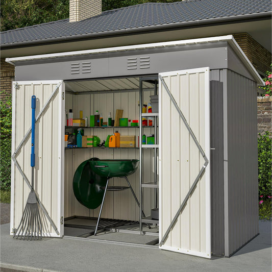 SYNGAR 8' x 4' Outdoor Metal Storage Shed, Tools Storage Shed, Galvanized Steel Garden Shed with Lockable Doors, Outdoor Storage Shed for Backyard, Patio, Lawn,