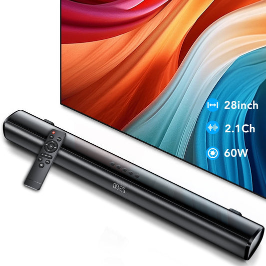 Sound Bar for Smart TV, 60W Soundbar TV Speakers, 2.1 ch Home Theater with Subwoofer Boost, 3 Equalizer Modes, Soundbar for TV/PC/Gaming/Projectors, Bluetooth, OPT, COX, USB & AUX Wall Mountable