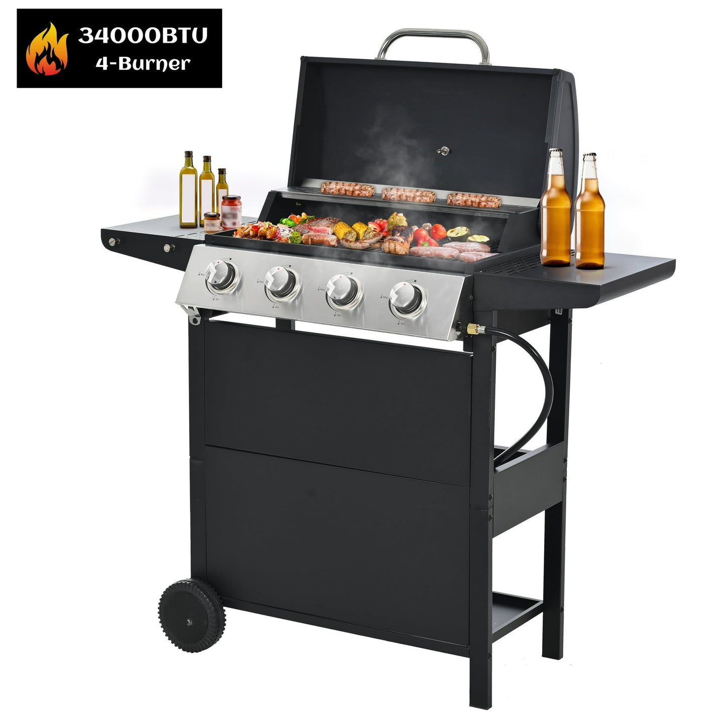 Syngar 4-Burner BBQ Propane Gas Grill with Thermometer & Grill Brush, 34000 BTU Garden Barbecue Grill with Two Foldable Shelves and Gas Regulator for Outdoor BBQ and Camping