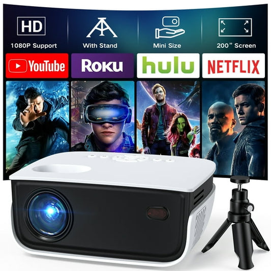 TOPVISION 1080P Mini Projector,Keystone Correction,up to Support 240'' Screen,with Stand