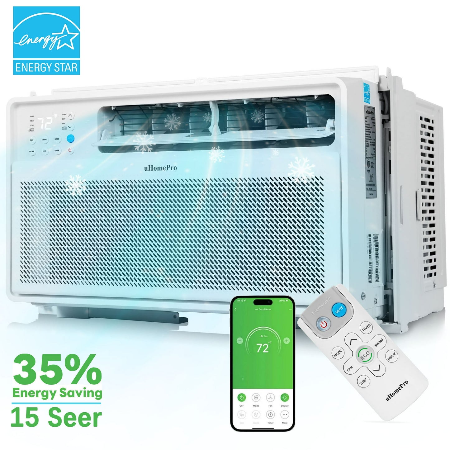 UHOMEPRO 12000 BTU Window Air Conditioner, 15-CEER Energy Efficient Window Air Conditioners, 35% Energy Saving, 42dB Super Quiet, Smart Inverter AC Window Unit, Fast Cooling, Easy Install