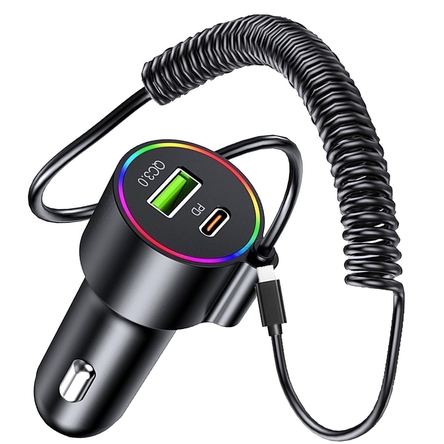 Vroolaat USB Car Charger, 3-Port 72w Fast Charging, Type-C and USB-A Car Power Adapter, Coil Cable, for iPhone, IPad, Android PD/QC3.0