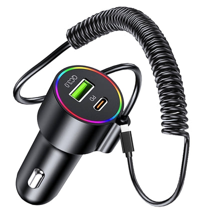 Vroolaat USB Car Charger, 3-Port 72w Fast Charging, Type-C and USB-A Car Power Adapter, Coil Cable, for iPhone, IPad, Android PD/QC3.0