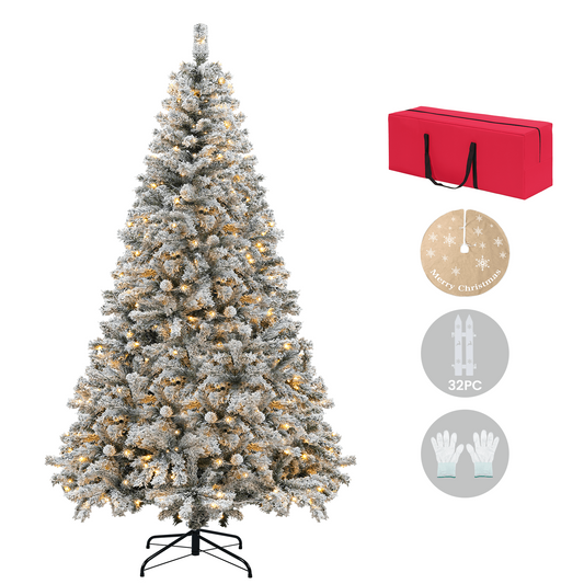 VAVSEA 7.5 FT Christmas Tree, Pre-Lit Snow Flocked Artificial Christmas Tree with Storage Bag, Fence, Tree Skirt 350 Warm White Lights, 1200 Tips, Hinged Branches for Holiday Home Office Decoration