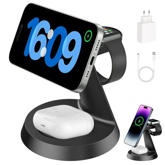 3 in 1 Wireless Charging Station, 2025 Upgraded Fast Desk Charger Station for iPhone 16 15 14 13 12 Pro Max Plus, Charger Stand for Apple Watch 10 9 8 7 6 5 4 3 2 SE, Airpods 4 3 2 Pro, Black