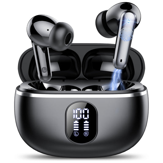 Wireless Ear Buds 50H Playback LED Power Display Earphones with Wireless Charging Case Headphones IPX7 Waterproof in-Ear Earbuds with Mic Compatible for iPhone Android Black