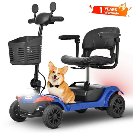 Yardmaster Foldable 4-Wheel Electric Scooter for Seniors & Adults, Lightweight Mobility Scooter with Adjustable Swivel Seat, All-Terrain Wheels, and TSA-Approved Design, Blue