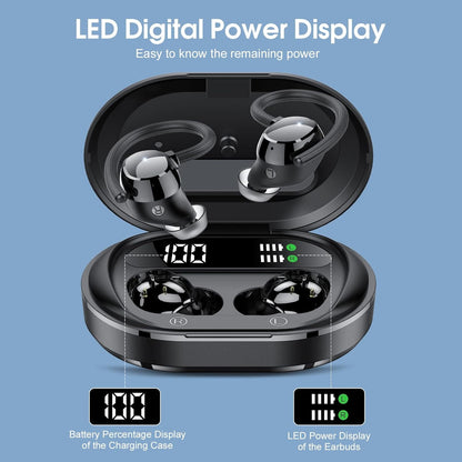 Ultralight Bluetooth Headphones Wireless Earbuds 125Hrs Sport Earphones with LED Display, Noise Cancelling Headphones with Earhooks Built-in Mic, IPX7 Waterproof Headset for Workout, Black
