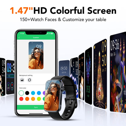 1.47" Fitness Tracker, Smartwatch for Women Men with Multiple Sport Modes Step Counter, Bluetooth Calls (Make/Answer), IP68 Waterproof, Fitness Tracker Compatible with Android and iPhone, Black